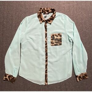 DEB Women Mint Green Leopard Print Button Down Blouse Shirt Size L DS3T226